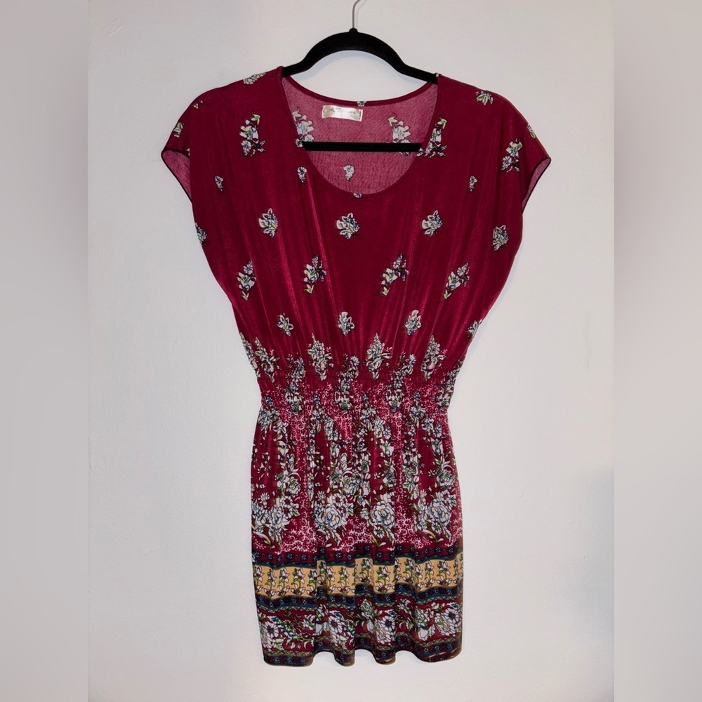 Floral Silky Cinched Burgundy Women's Flowy Top - Picture 2 of 4